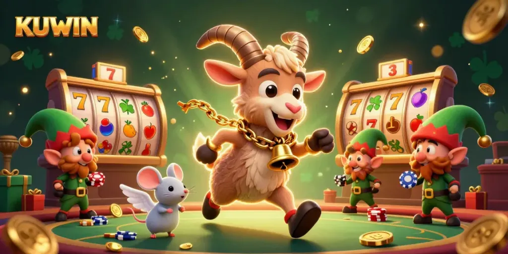 KUWIN engages players in a vibrant 3D casino scene with exciting slot machines and lively characters.