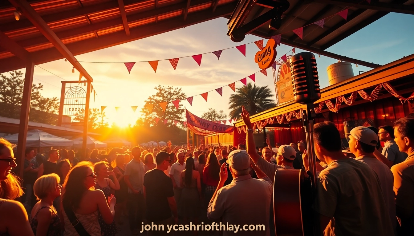 Celebration of Johnny Cash's birthday on johnnycashbirthday.com, showcasing live music, fans enjoying the festive atmosphere.