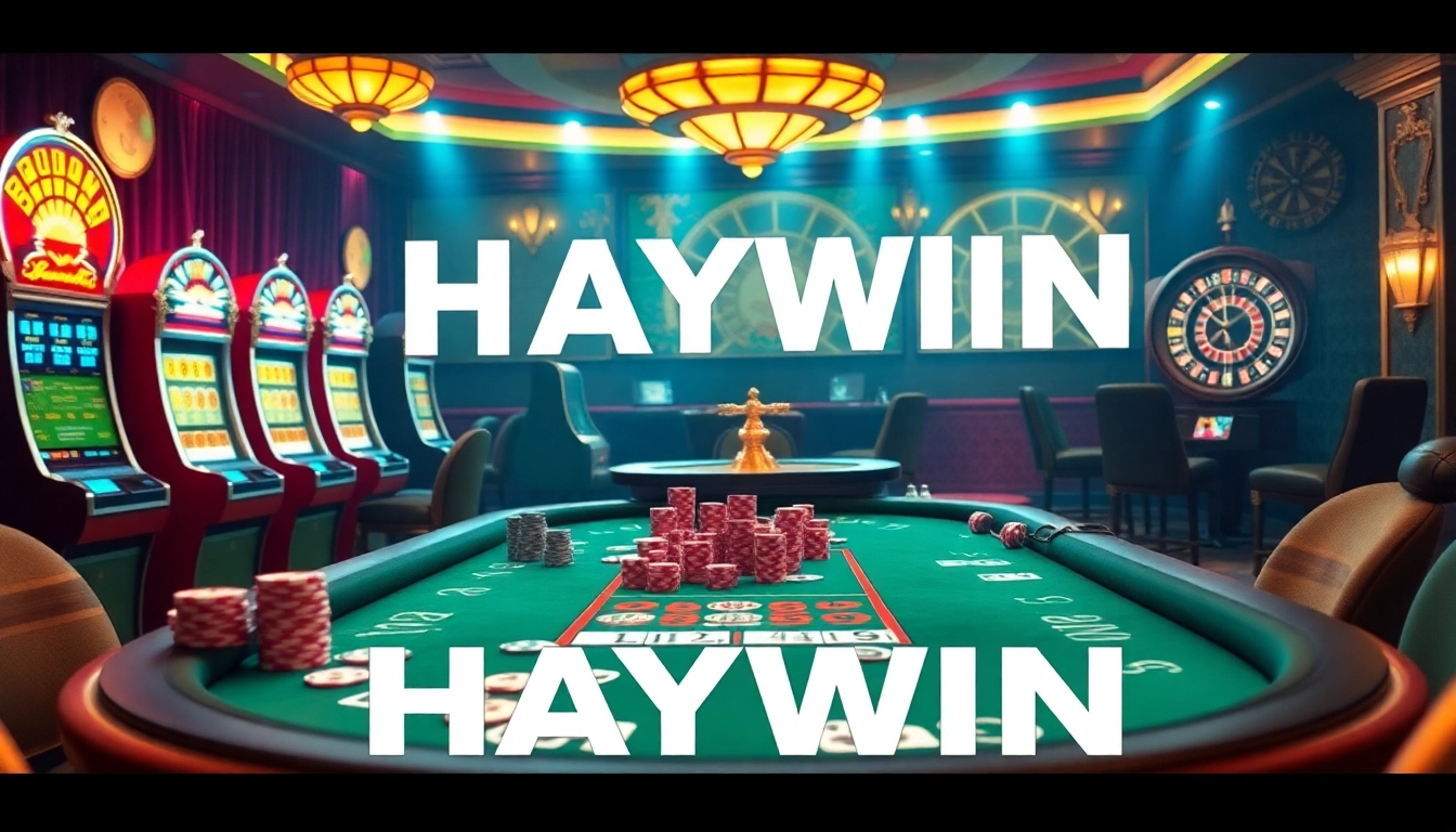Experience the thrilling atmosphere of a HAYWIN casino scene filled with high-stakes poker and vibrant slot machines.