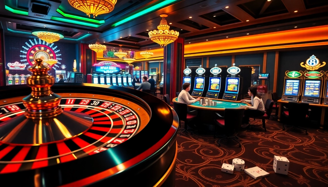 Exciting WW88 gaming scene with roulette, poker, and slot machines.