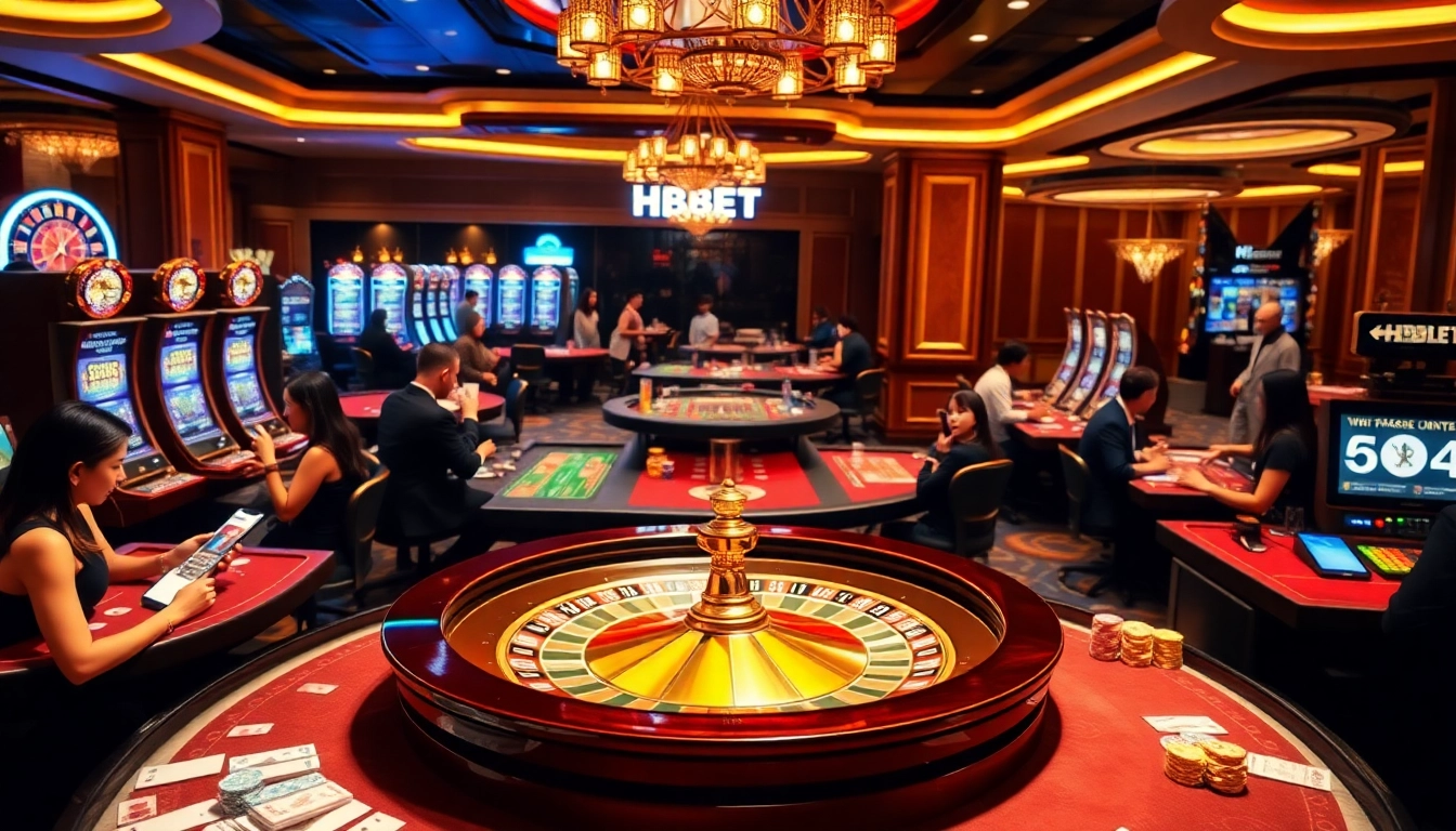 Experience the excitement of HBBET online gambling with roulette, card tables, and vibrant visuals.
