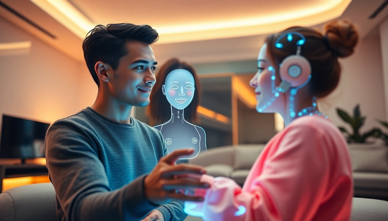 Engaging AI girlfriend interaction on a futuristic digital platform.
