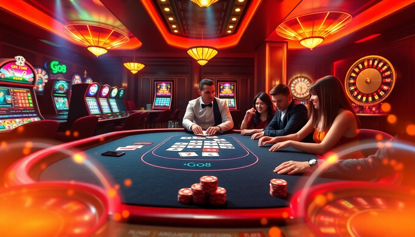 High-stakes poker action showcasing Go8 strategy and excitement in a luxurious casino setting.