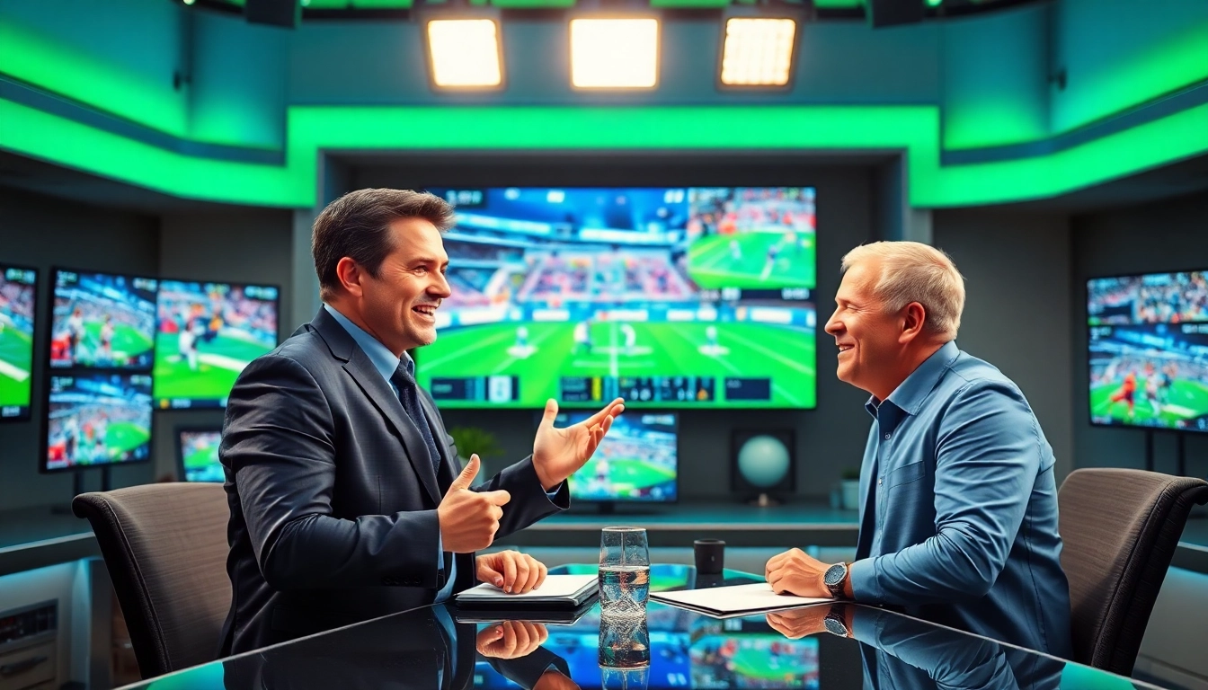 Engaging sports broadcasting scene with hosts discussing live events and vibrant screens.