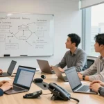 Team discussing voip business phone solutions in a modern office setting with laptops and VoIP devices visible.