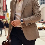 Urban lifestyle showcasing a fashionable individual wearing a Rolex replica, emphasizing style and sophistication in a bustling city.